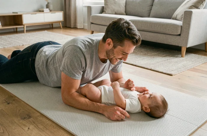 Father playing with his baby on a play mat in a modern living room, promoting the development and awakening of the infant