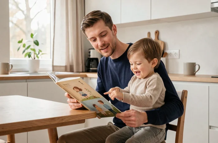 Father reading an illustrated book to his child at the table, promoting language awakening and parental bonding