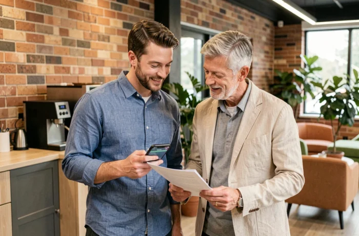 Two colleagues easily exchanging in an informal workspace illustrating simple contact with an available team