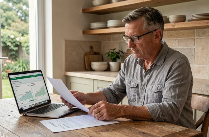 Eigenaar die vastgoeddocumenten en marktprijzen analyseert in een Frans huis