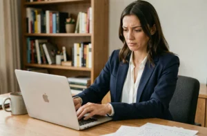 Femme professionnelle rédigeant du contenu web sur un ordinateur portable dans un bureau moderne et chaleureux