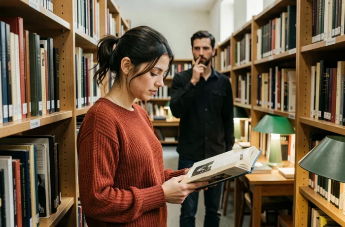 Woman in a library looking at a book while a man observes her in the background, representing the discreet male gaze