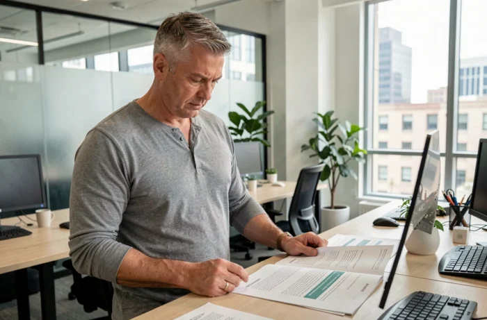 Man analyzing SEO content strategy documents in a modern coworking space