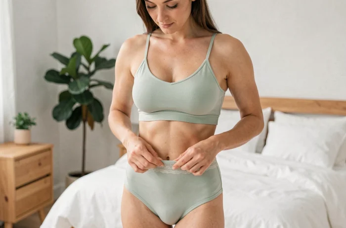 Femme portant une bralette en modal vert sauge et une culotte taille haute assortie dans une chambre scandinave lumineuse, illustrant l'alliance entre élégance et confort en lingerie quotidienne