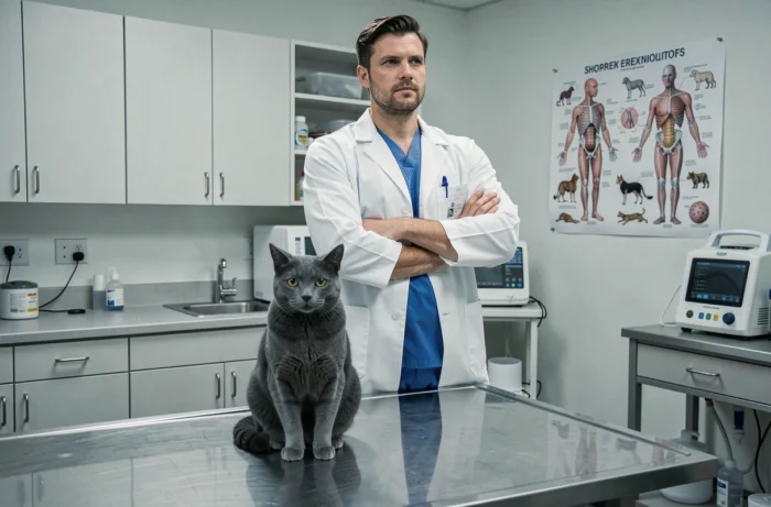 Veterinarian in a white coat facing a gray cat on an examination table in a veterinary clinic